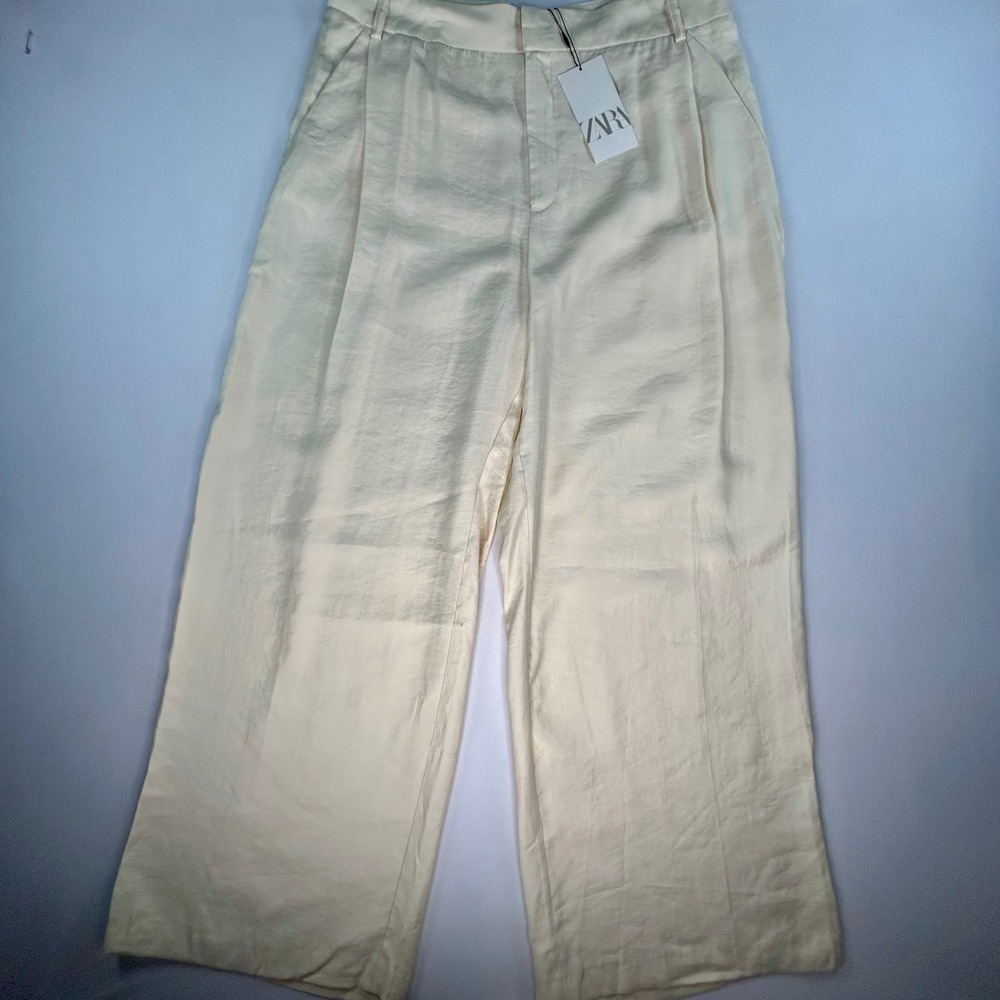 Zara Womens Trousers XL NWT Cream Satin Wide Leg High Waist Pleated Pants